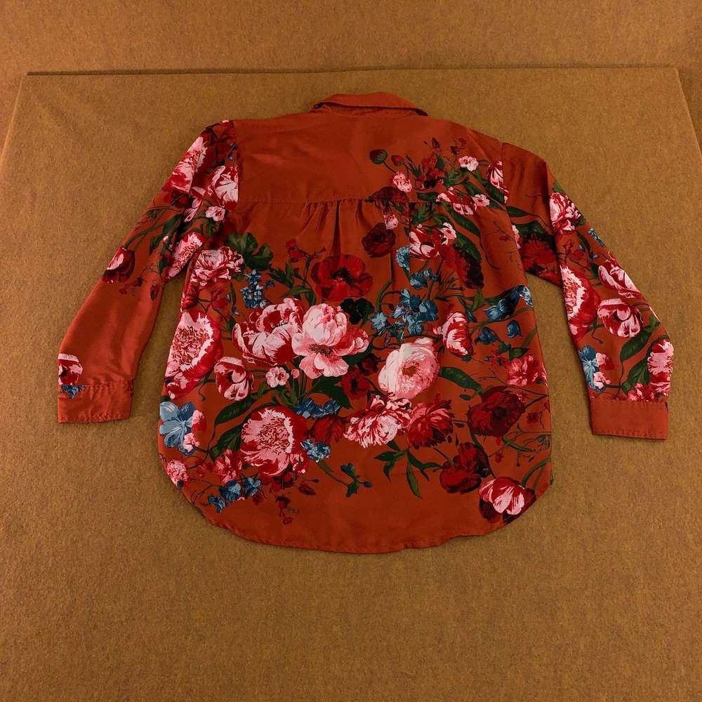Anthropologie Womens Medium Rust Orange Floral Button Up Long Sleeve Tunic Top - Picture 8 of 13